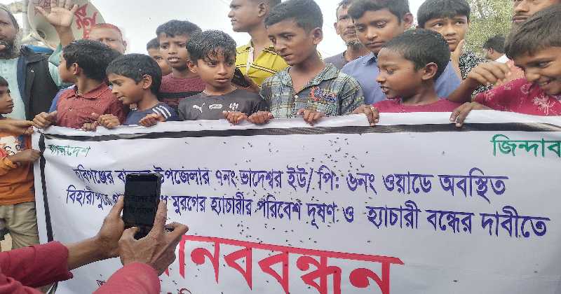 বাহুবলে মোরগের হ্যাচারীর পরিবেশ দূষণের প্রতিবাদে মানববন্ধন ও সড়ক অবরোধ 